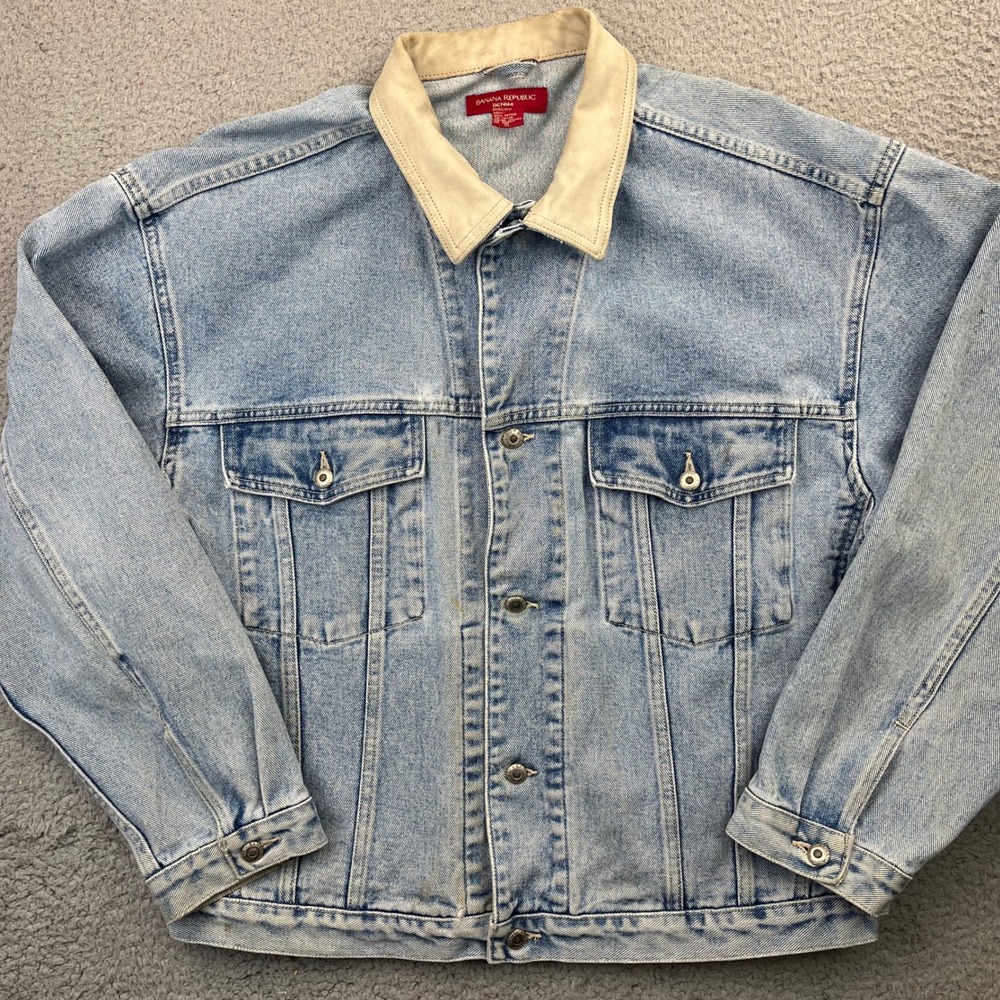 Banana Republic Denim Jacket Mens XL Blue Leather Collar Trucker Vintage Wash